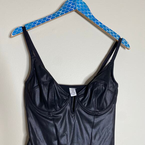 POPILUSH Shapewear Black Faux Leather Plunging V Sculpting Corset Bodysuit Large - Picture 3 of 9